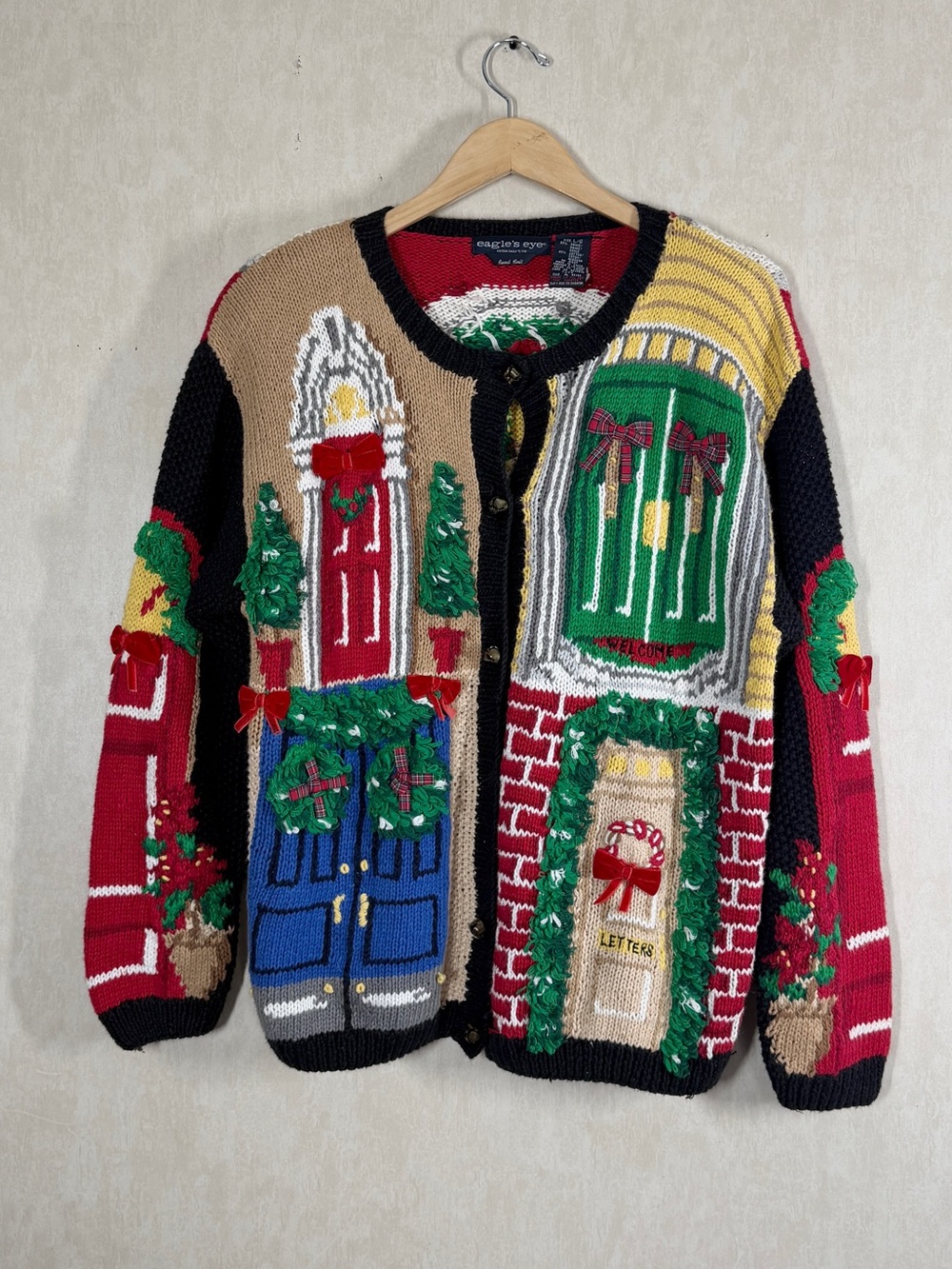 Eagle’s Eye Women’s Vtg Hand Knit Chunky Ugly Christmas Cardigan Sweater L